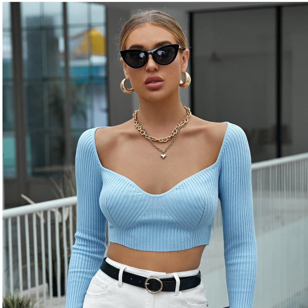 Blue Cropped Sweater with Sweetheart Neckline
